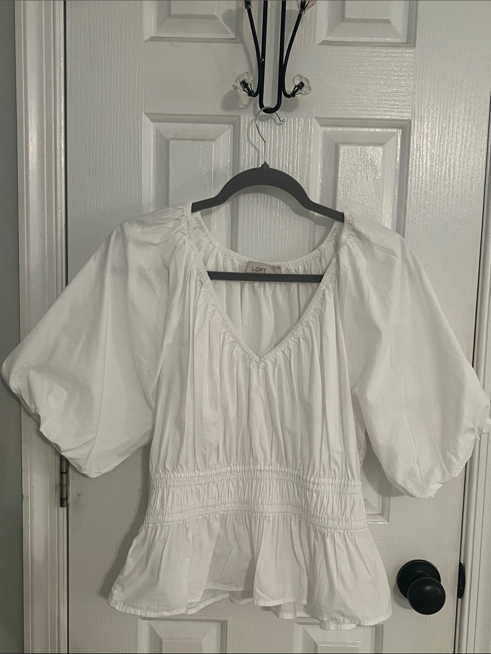 LOFT White V-Neck Peplum Blouse with Puff Sleeves